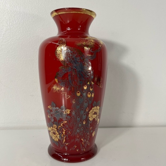 Vintage Red Gold Trim Vase Peacock Design Flowers MCM Glass - Picture 2 of 15